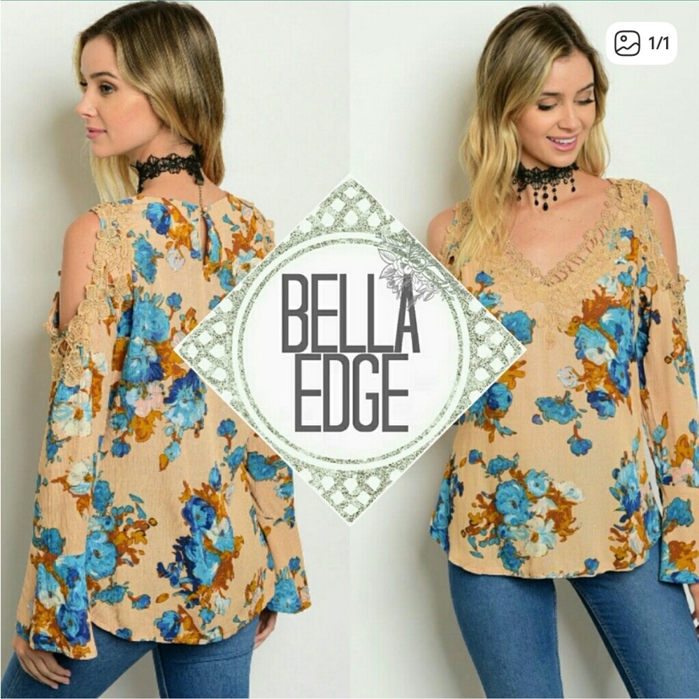 Tan & Blue Floral Lace Cold Shoulder Boho Blouse